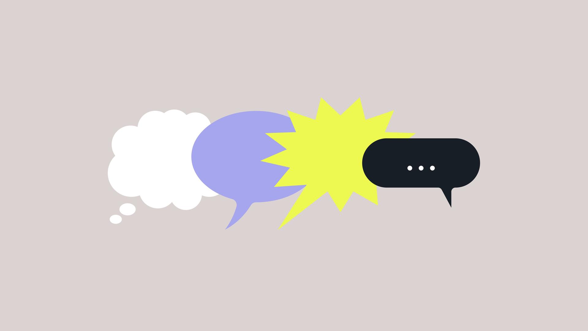 Eine Illustration zeigt verschiedenfarbige Sprechblasen und Symbole. Eine Illustration zeigt verschiedenfarbige Sprechblasen und Symbole.