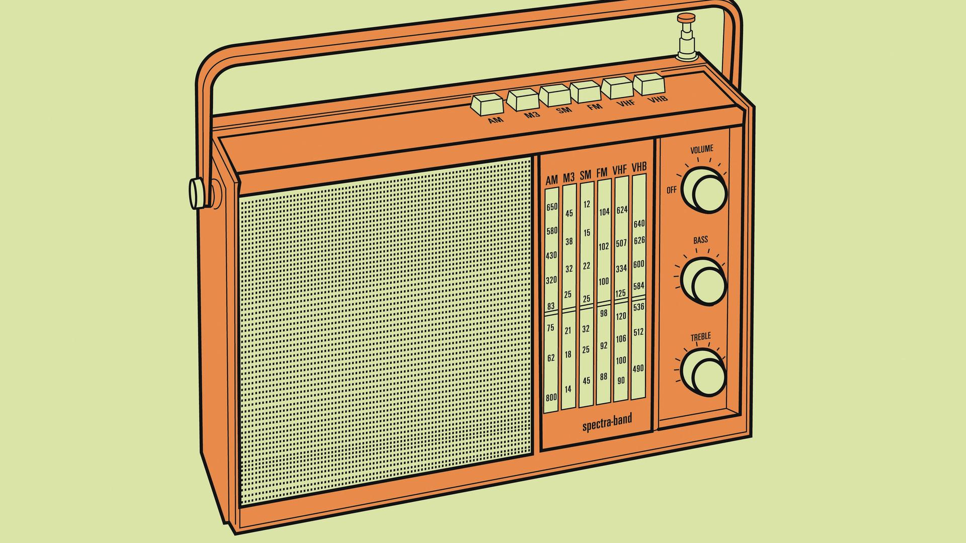 Illustration eines orangefarbenen Radios auf mintgrünem Hintergrund. Illustration eines orangefarbenen Radios auf mintgrünem Hintergrund.