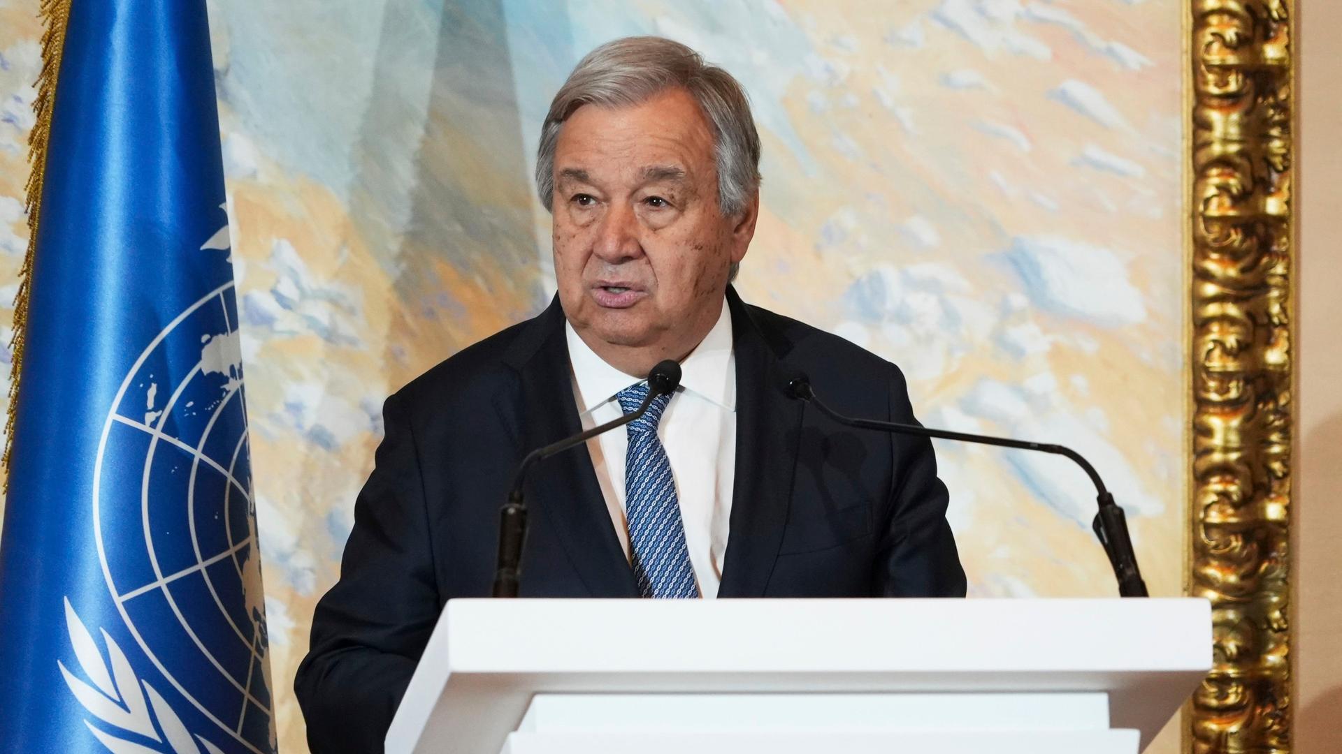 Katar, Doha: UN-Generalsekretär Antonio Guterres spricht auf einem nichtöffentlichen Gipfel zu Afghanistan. Katar, Doha: UN-Generalsekretär Antonio Guterres spricht auf einem nichtöffentlichen Gipfel zu Afghanistan.