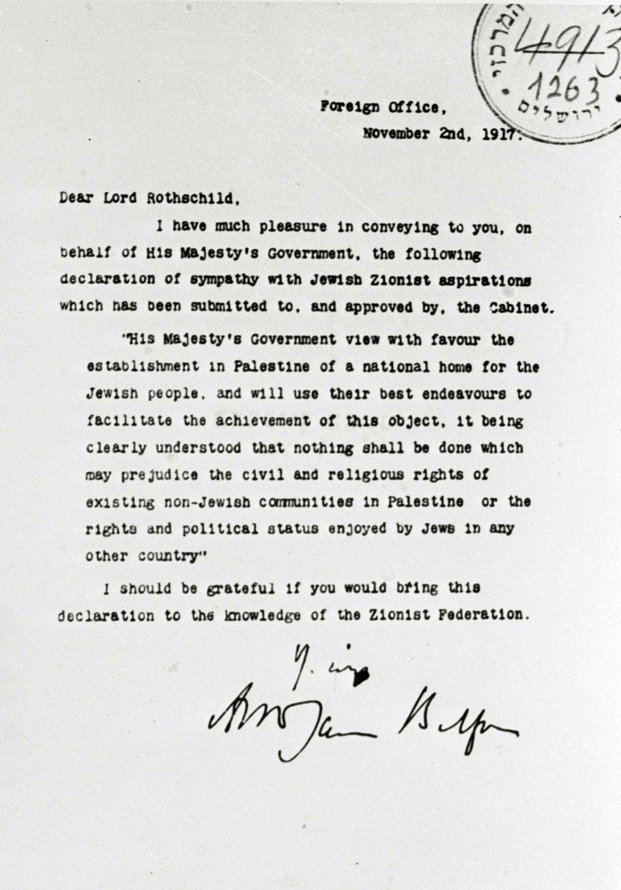 Eine Kopie der Balfour Declaration Eine Kopie der Balfour Declaration