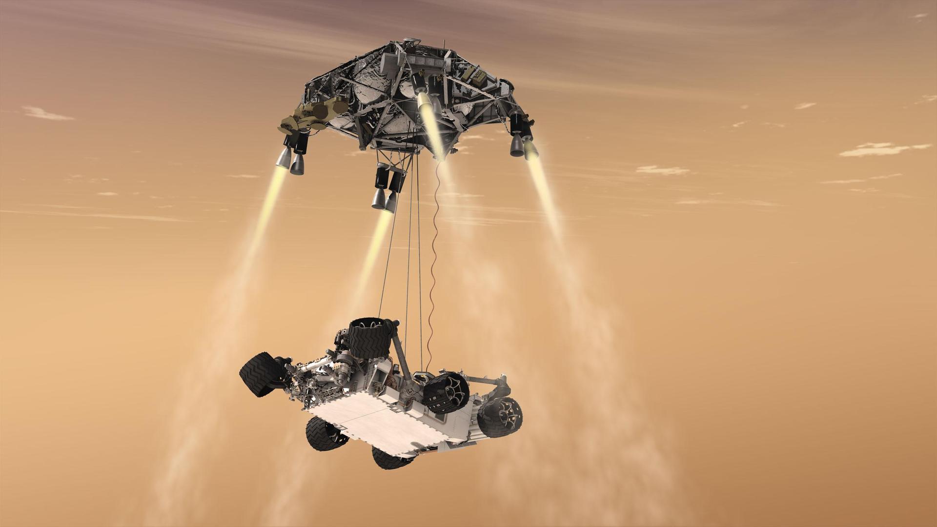 Landung am Sky Crane, dem Himmelskran: Curiosity kurz vor dem Aufsetzen (Illustration) Landung am Sky Crane, dem Himmelskran: Curiosity kurz vor dem Aufsetzen (Illustration)