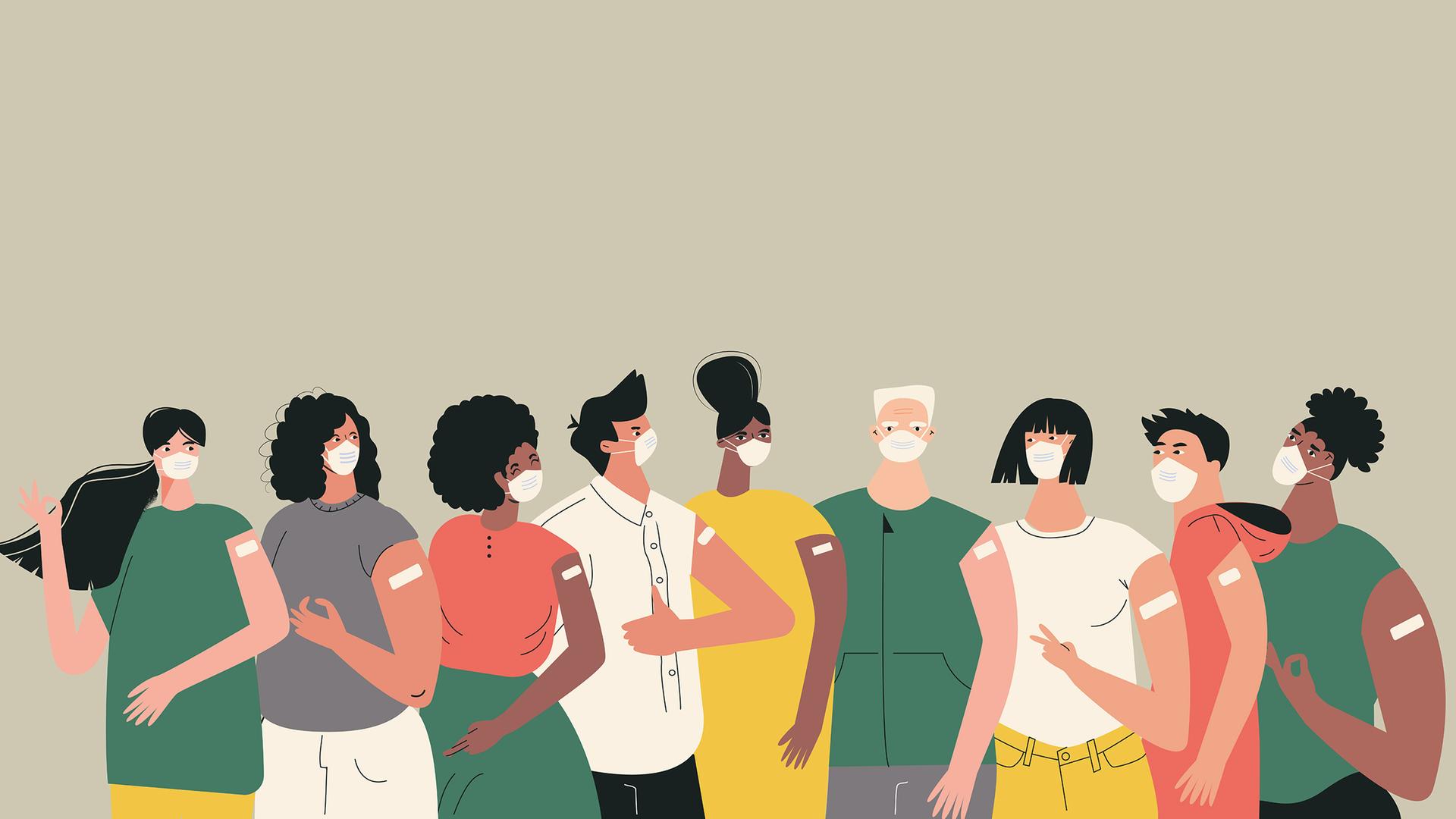 Illustration einer heterogenen Personengruppe mit Mundschutz, nach der Impfung mit einem Pflaster auf der Schulter. Illustration einer heterogenen Personengruppe mit Mundschutz, nach der Impfung mit einem Pflaster auf der Schulter.