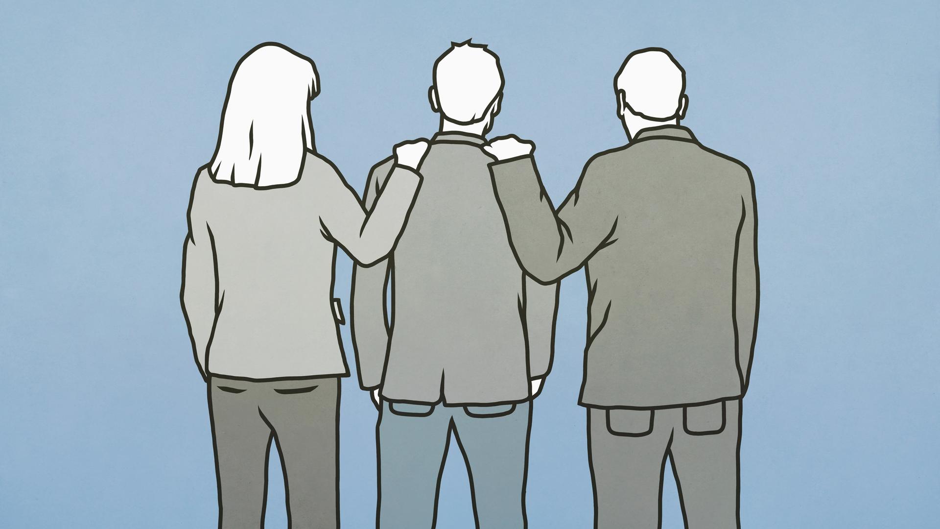 Illustration von drei Personen von hinten, die der Person in der Mitte unterstützend jeweils eine Hand auf die Schulter legen