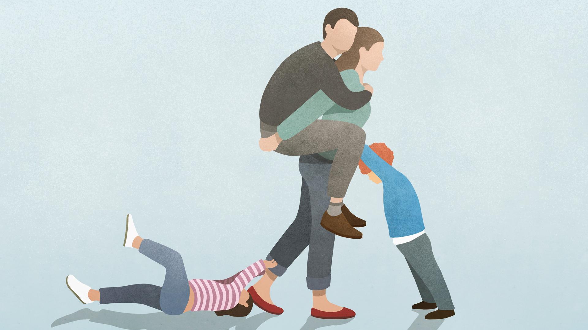 Illustration einer Frau, auf deren Rücken ein Mann sitzt während Kinder an ihr zerren. Illustration einer Frau, auf deren Rücken ein Mann sitzt während Kinder an ihr zerren.