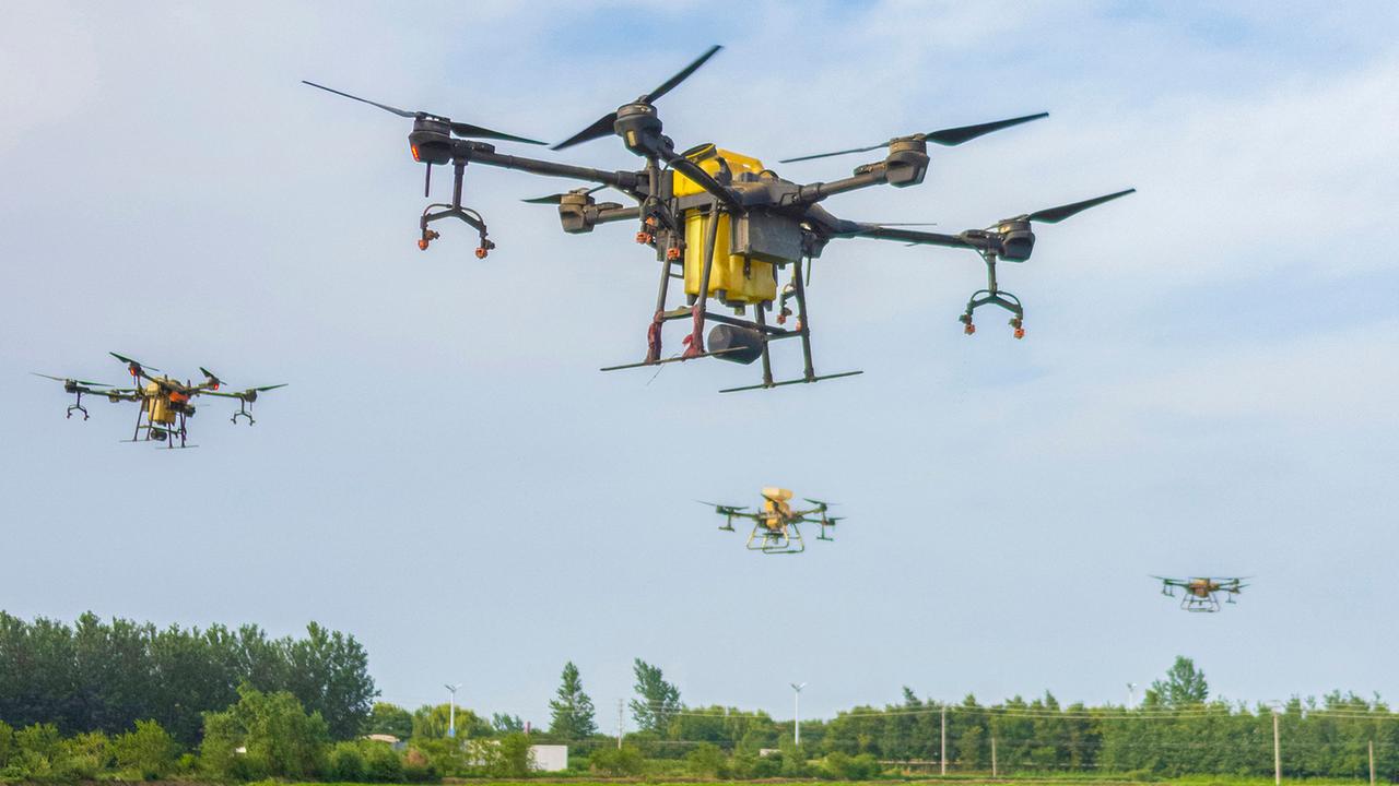 Zahlreiche Drohnen fliegen über einen landwirtschaftlich genutztes Feld.