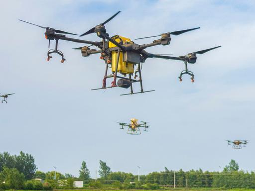 Zahlreiche Drohnen fliegen über einen landwirtschaftlich genutztes Feld.