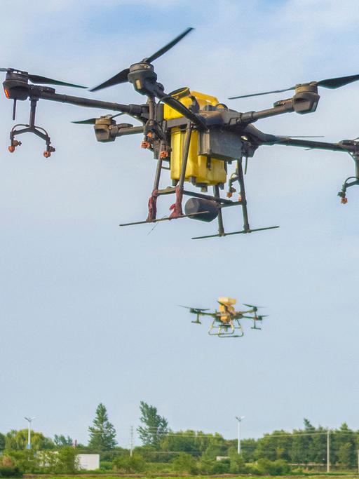 Zahlreiche Drohnen fliegen über einen landwirtschaftlich genutztes Feld.