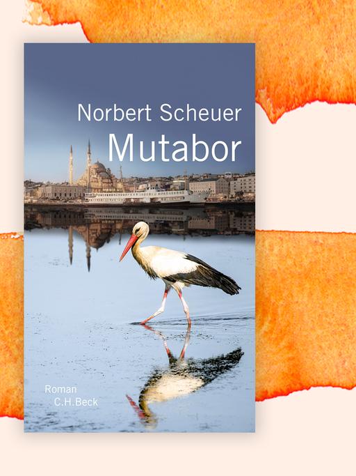 Auf dem Bild ist ein Storch zu sehen, der im Fluss watet, im Hintergrund ist eine Stadt mit Kaimauer und Moschee zu sehen. Hinter dem Cover sind orangene Farbverläufe.