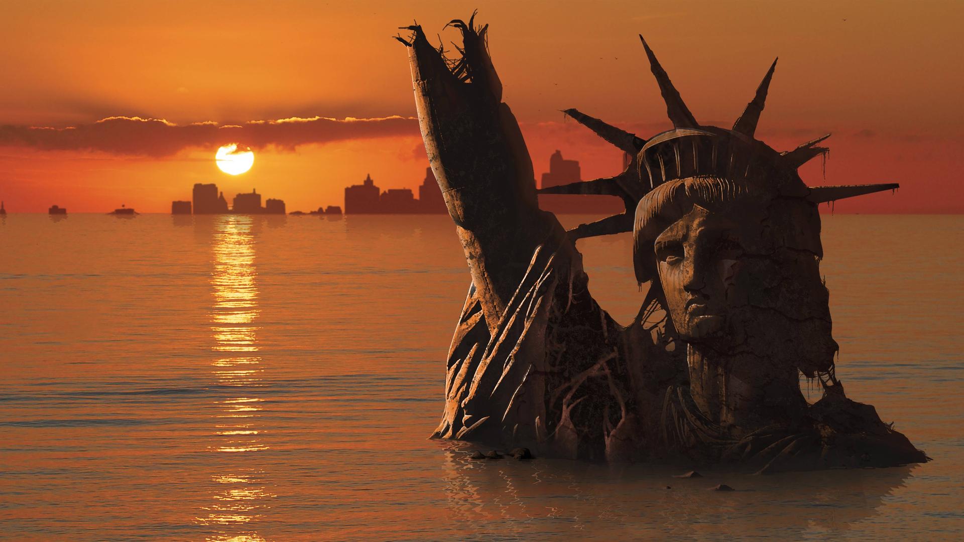 Freiheitsstatue, New York, USA, überschwemmt und in Trümmern, in einer möglichen Zukunft. Dies zeigt einen Anstieg des Meeresspiegels aufgrund der globalen Erwärmung. Freiheitsstatue, New York, USA, überschwemmt und in Trümmern, in einer möglichen Zukunft. Dies zeigt einen Anstieg des Meeresspiegels aufgrund der globalen Erwärmung.