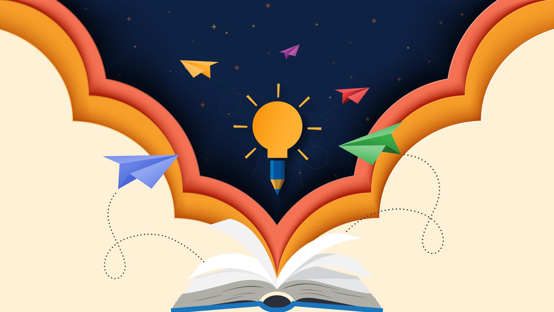 Illustration aus einem Papierschnitt: zu sehen ist ein aufgeschlagenes Buch, über demPapierflieger und eine Glühbürne als Symbole für Lernen und Bildung schweben.