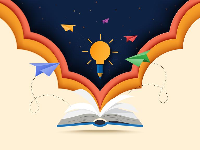 Illustration aus einem Papierschnitt: zu sehen ist ein aufgeschlagenes Buch, über demPapierflieger und eine Glühbürne als Symbole für Lernen und Bildung schweben.