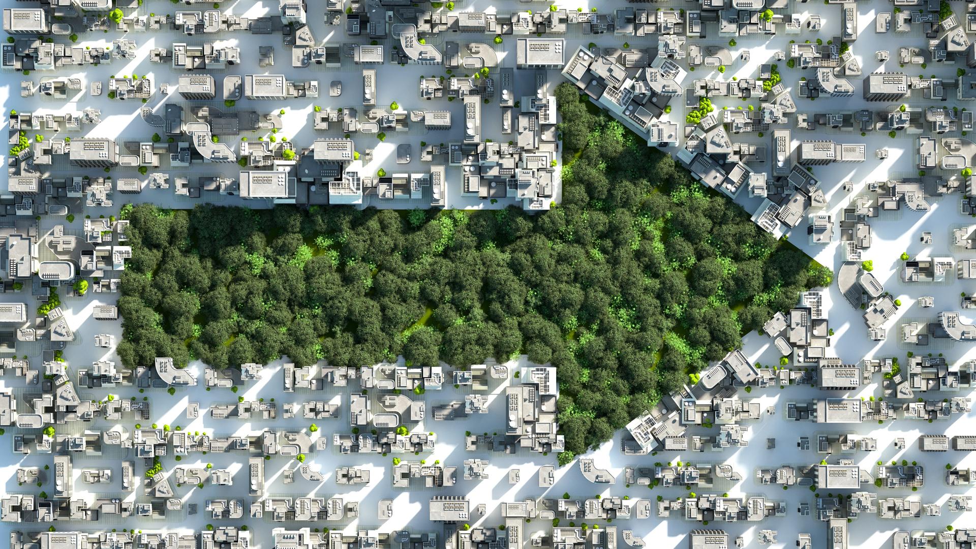 Ein grüner Park mit Bäumen in Pfeilform in einer Stadt von morgen. Ein grüner Park mit Bäumen in Pfeilform in einer Stadt von morgen.
