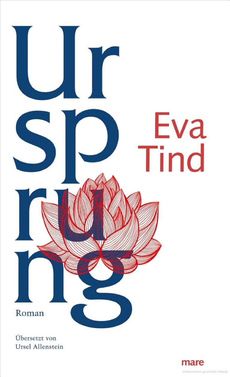 Cover des Buches "Ursprung" von Eva Tind. Auf der linken Seite das Wort "Ursprung" in vier Zeilen mit jeweils zwei Buchstaben pro Zeile, in der Bildmitte eine gezeichnete rote Blume. 