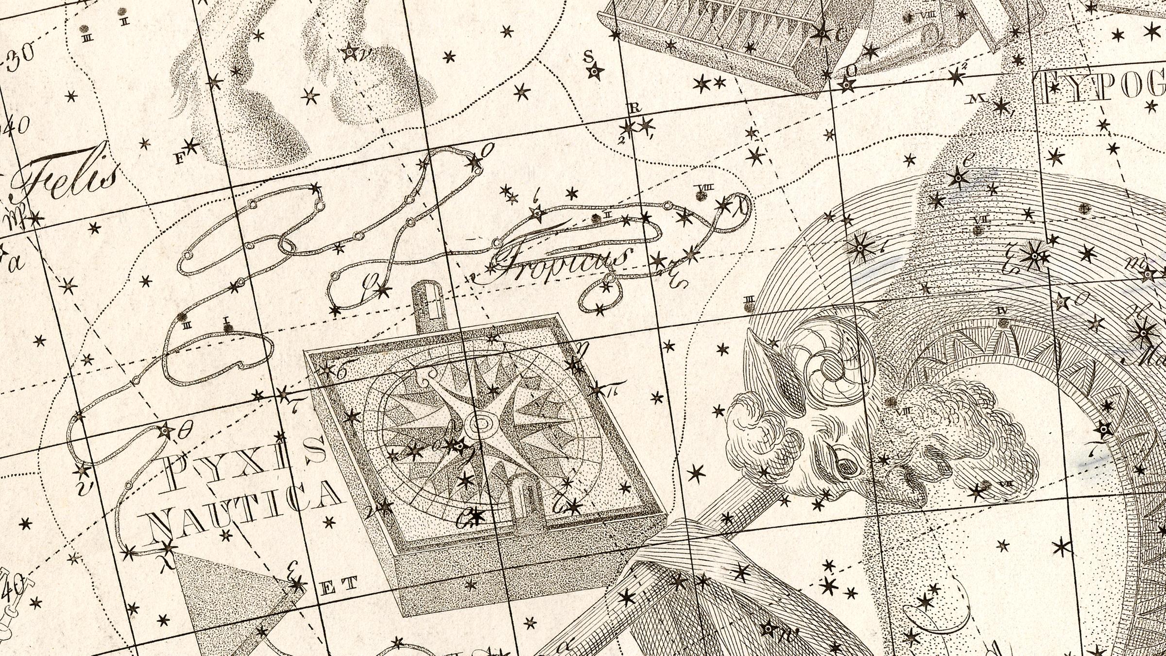 Die Sternbilder Kompass (Pyxis Nautica) und Log (Lochium Funis) im Himmelsatlas Uranographia aus dem Jahr 1801