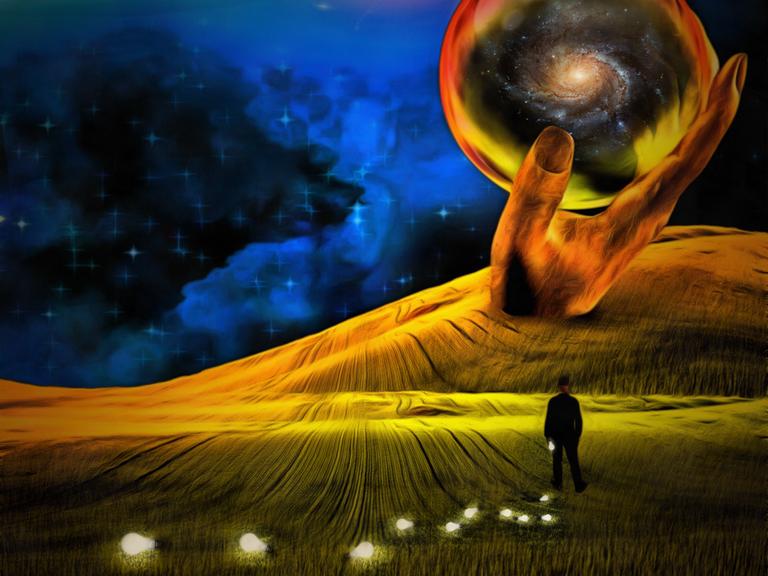 Eine Person verliert Glühbirnen in einem Feld, während sie auf eine große Hand zugeht.