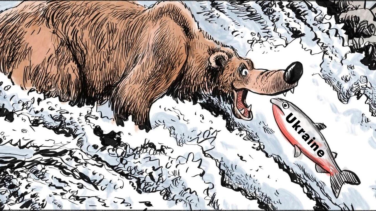 Zeichnung eines Bären, der einen Lachs schnappt. Auf dem Lachs steht Ukraine, der Bär stellt Russland dar. Zeichnung eines Bären, der einen Lachs schnappt. Auf dem Lachs steht Ukraine, der Bär stellt Russland dar.