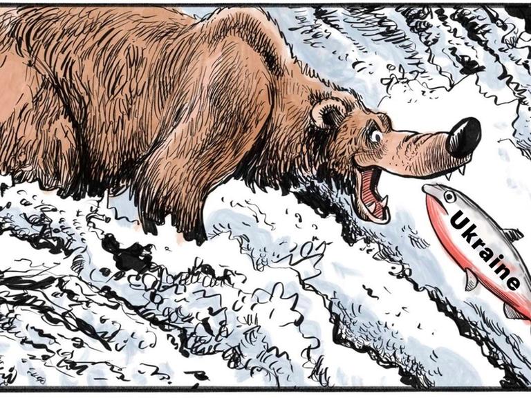 Zeichnung eines Bären, der einen Lachs schnappt. Auf dem Lachs steht Ukraine, der Bär stellt Russland dar.