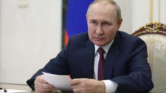 Kremlchef Putin Ende September 2022 bei einer Videoschalte mit den Geheimdienstchefs ehemaliger Sowjetrepubliken in Moskau