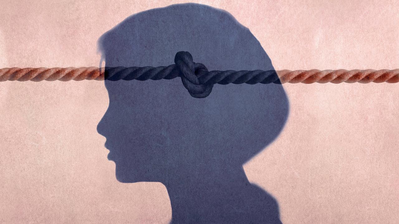 Die Illustration zeigt ein verknotetes Seil im Kopf einer jungen Frau 