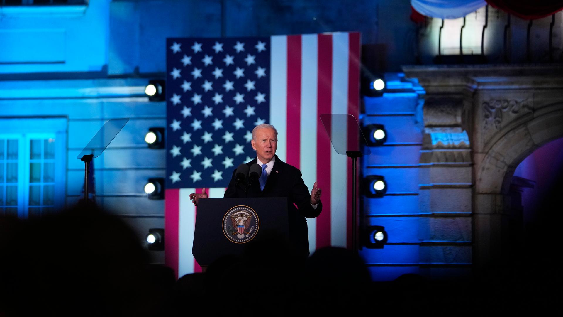 U.S. President Joe Biden delivers a speech at the Royal Castle in Warsaw, Poland, Saturday, March 26, 2022. Biden is in Poland for the final leg of his four-day trip to Europe as he tries to maintain unity among allies and support Ukraine's defence. (AP Photo/Petr David Josek)