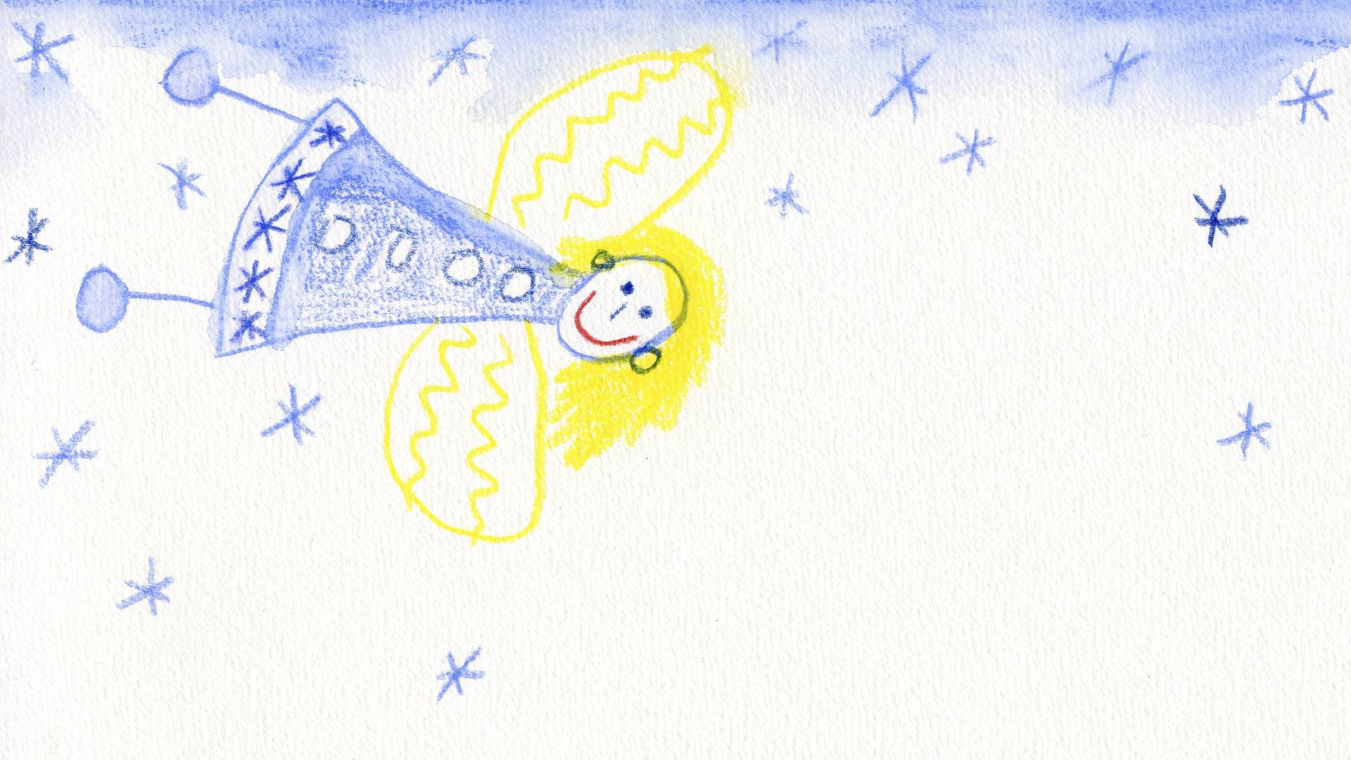 Kinderzeichnung eines Engels mit Sternen am Himmel.