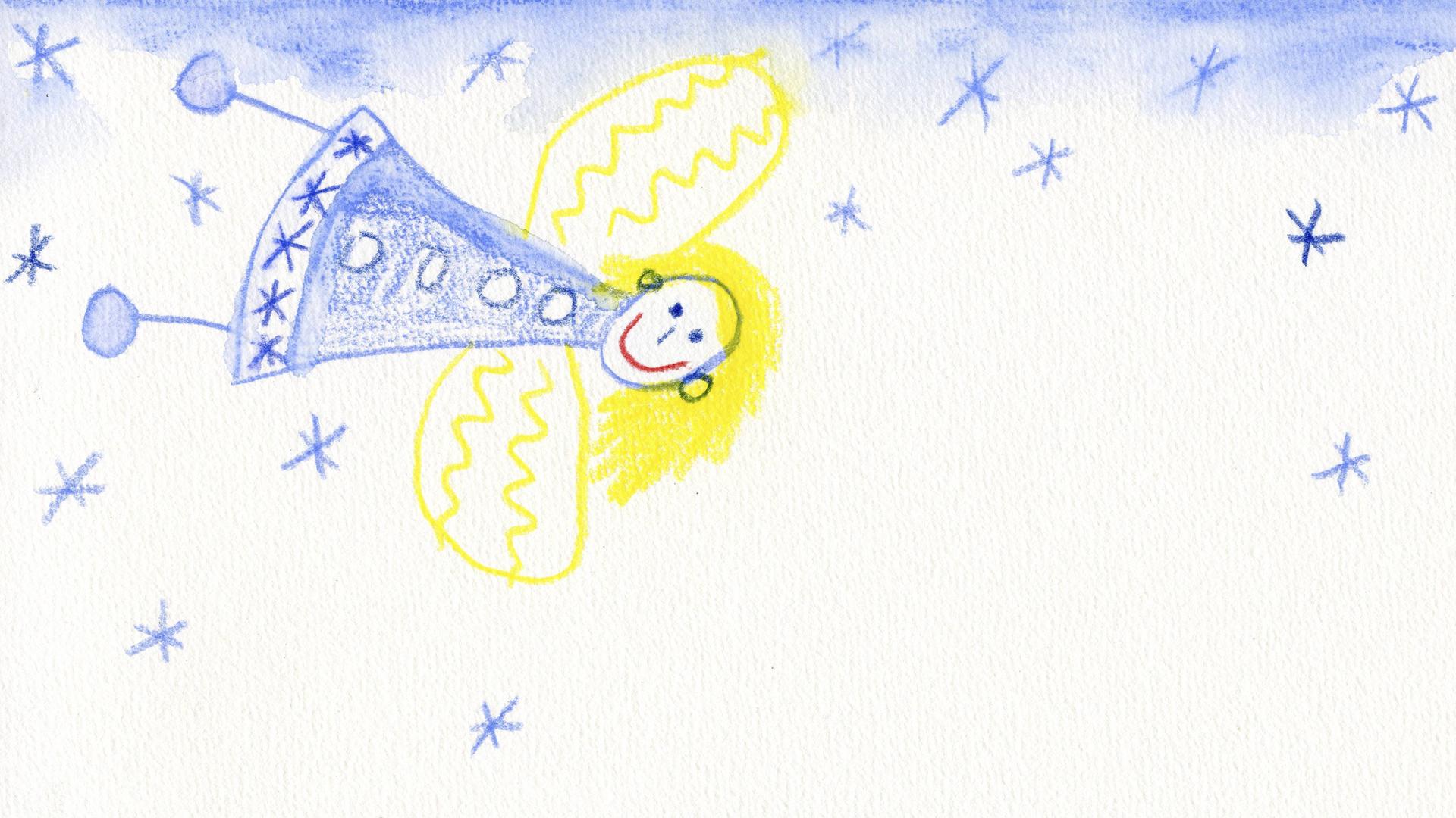 Kinderzeichnung eines Engels mit Sternen am Himmel. Kinderzeichnung eines Engels mit Sternen am Himmel.