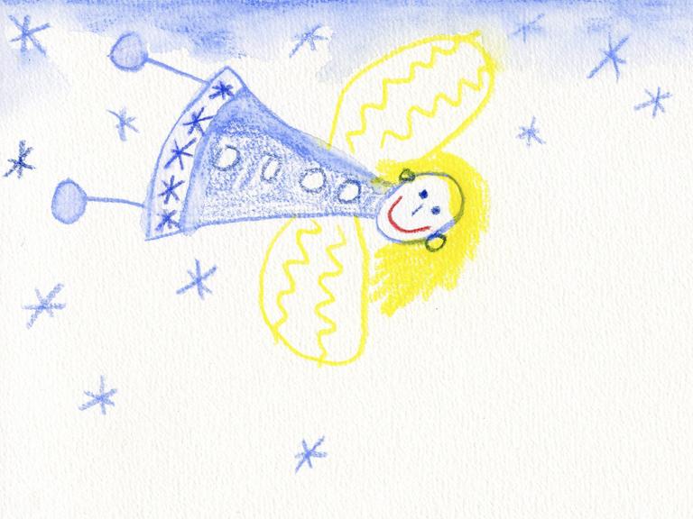 Kinderzeichnung eines Engels mit Sternen am Himmel.