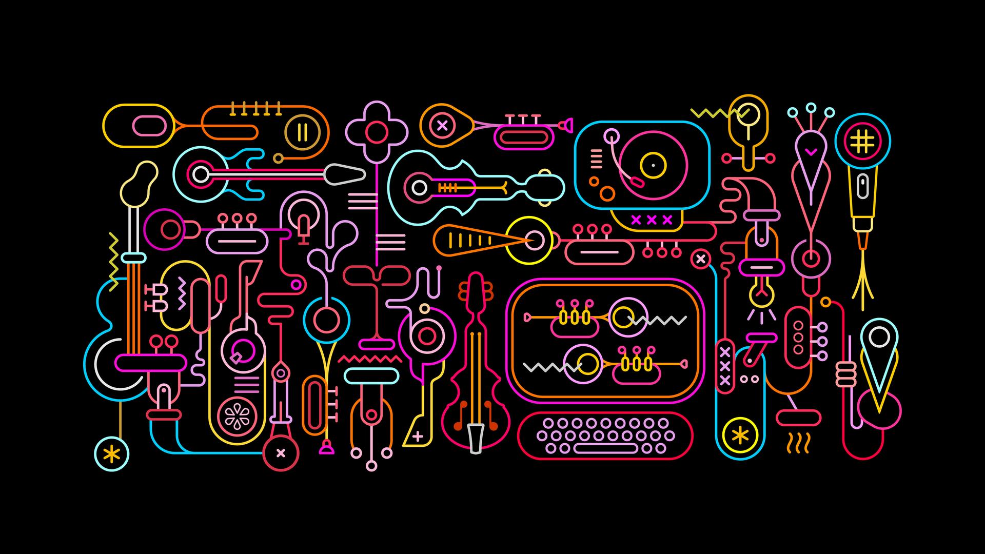 Illustration, die die Vernetzung von Musikinstrumenten zeigt. Illustration, die die Vernetzung von Musikinstrumenten zeigt.