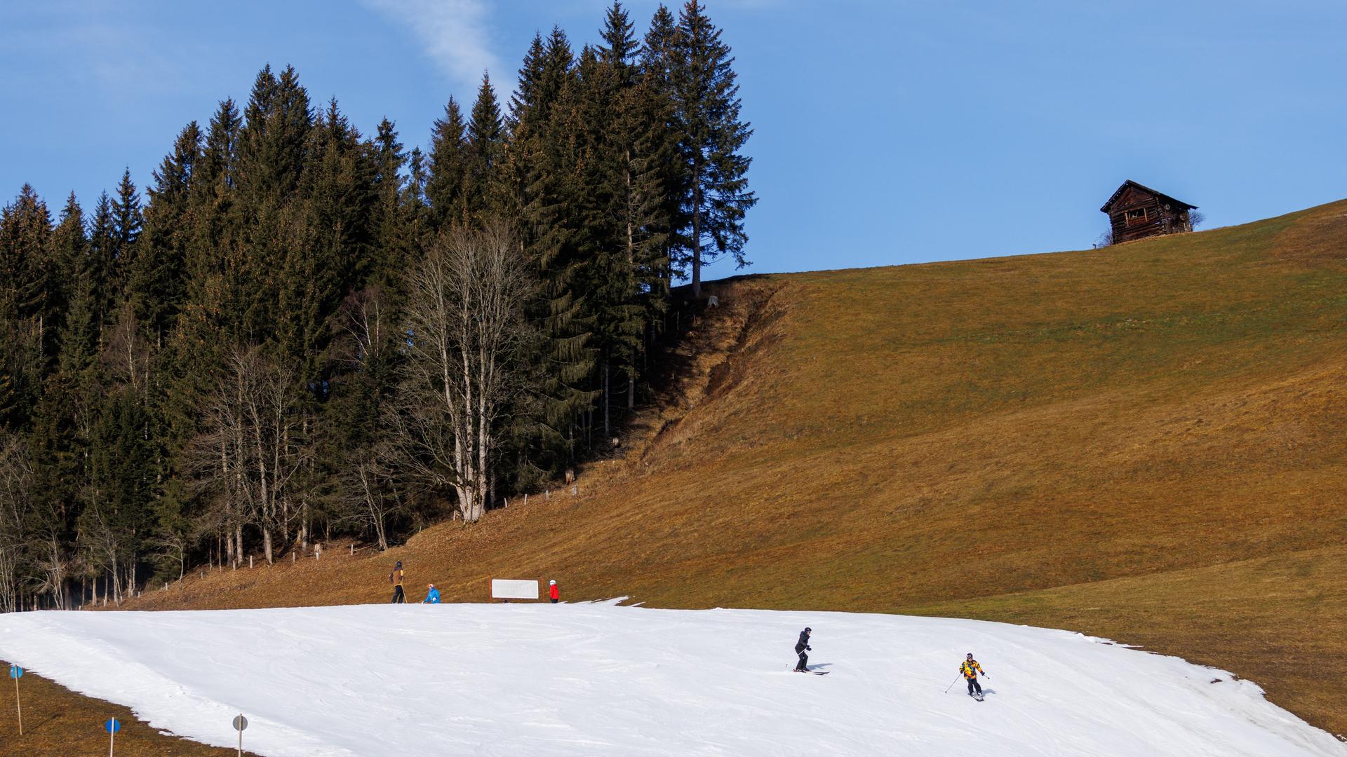 Ski-Fahrer fahren über einen Streifen voller Schnee. Drumherum ist trockenes Gras. Ski-Fahrer fahren über einen Streifen voller Schnee. Drumherum ist trockenes Gras.