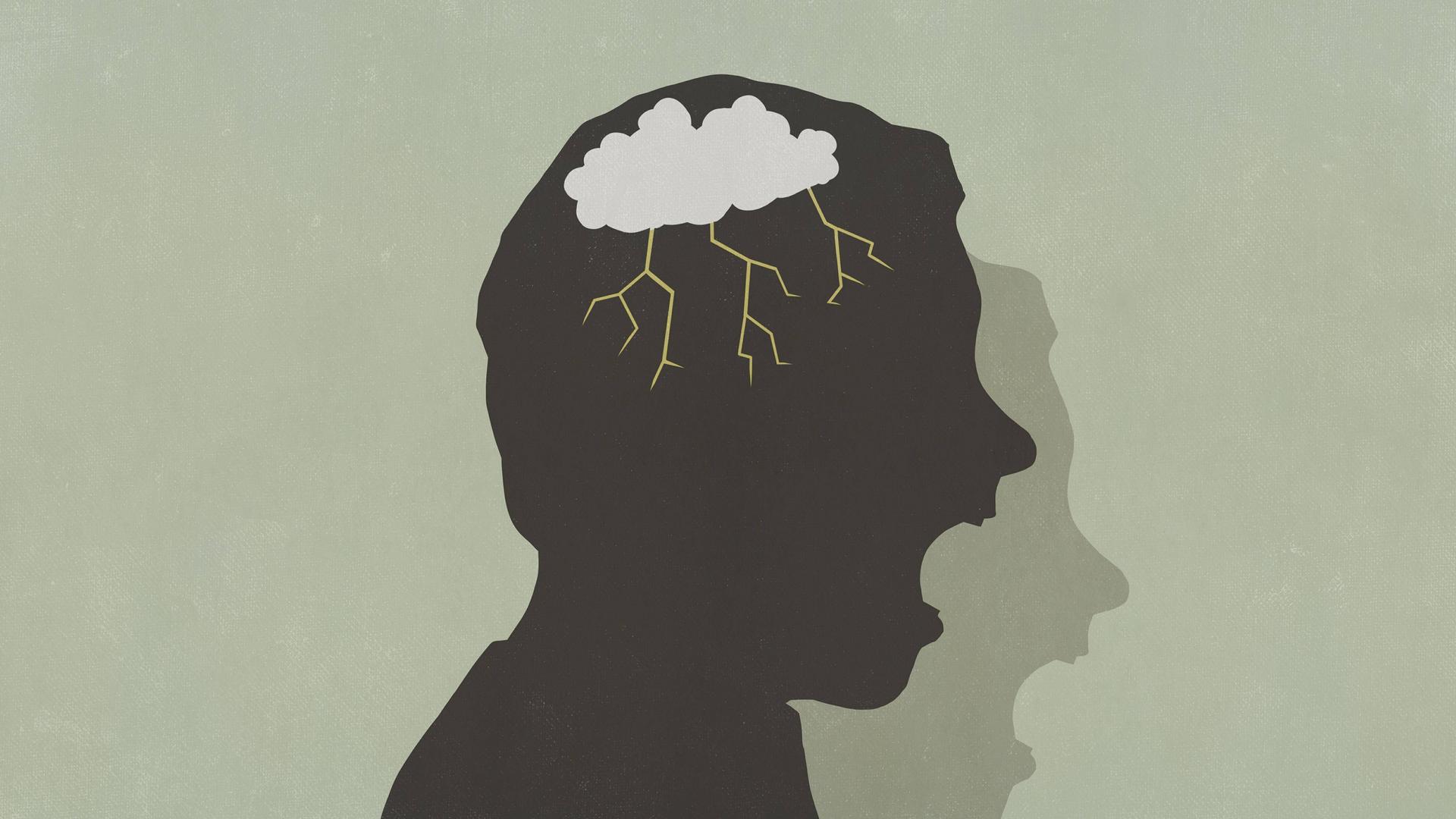 Illustration: Die Silhouette eines wütenden Manns. Anstelle des Gehirns hängt eine Wolke, aus der es blitzt. Illustration: Die Silhouette eines wütenden Manns. Anstelle des Gehirns hängt eine Wolke, aus der es blitzt.