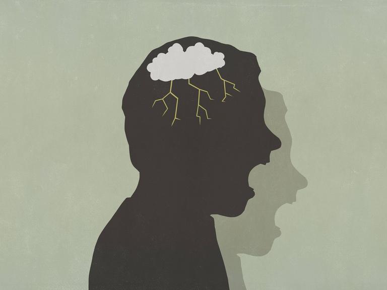 Illustration: Die Silhouette eines wütenden Manns. Anstelle des Gehirns hängt eine Wolke, aus der es blitzt.