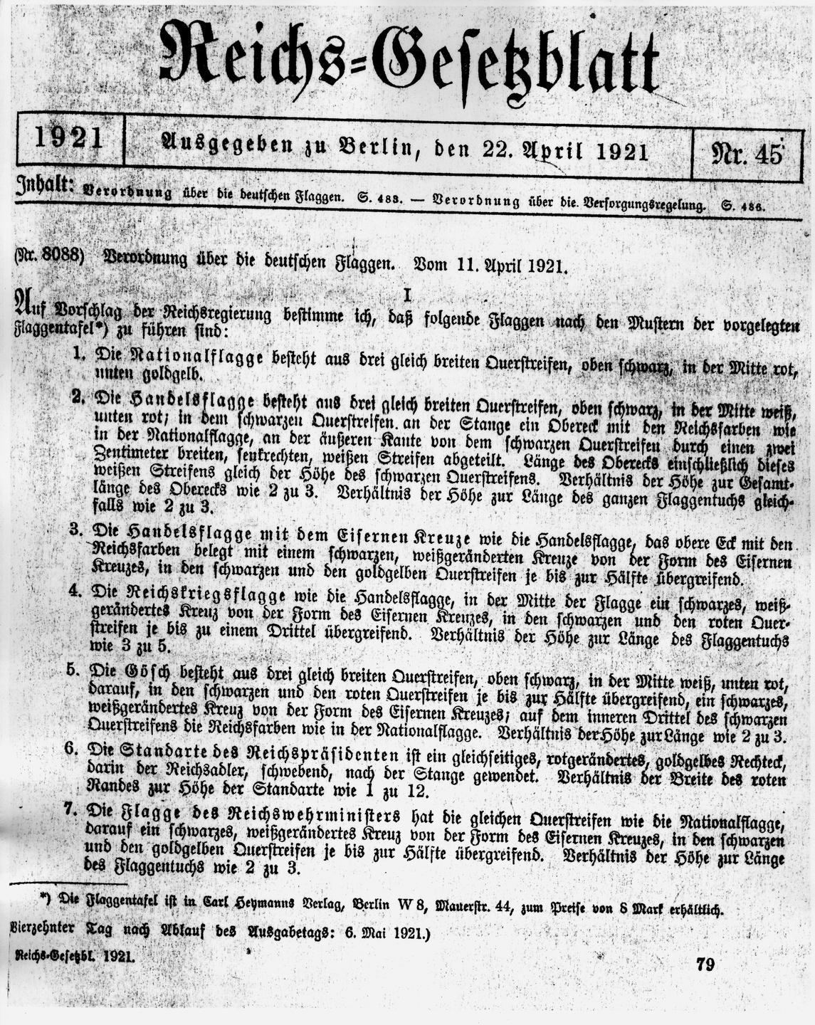 Der Gesetzestext zur Flaggenverordnung 1921 Der Gesetzestext zur Flaggenverordnung 1921