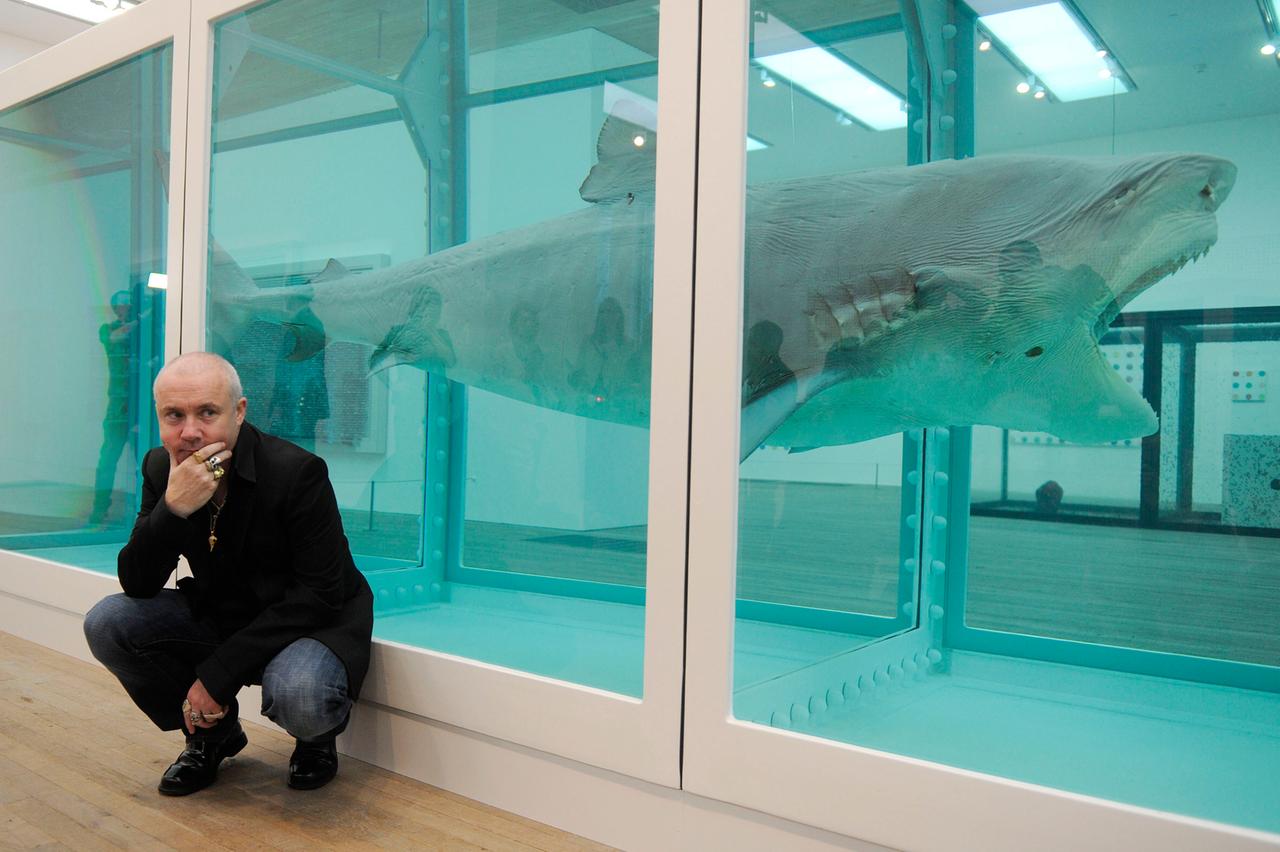 Der britische Künstler Damien Hirst vor einem seiner Kunstwerke, bei dem ein Haifisch in einer Vitrine zu sehen ist. Der britische Künstler Damien Hirst vor einem seiner Kunstwerke, bei dem ein Haifisch in einer Vitrine zu sehen ist.