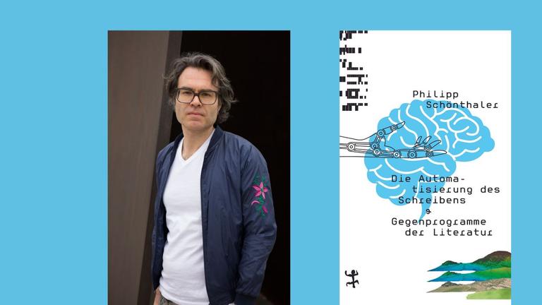 Der Autor Philipp Schönthaler und das Cover seines Buchs „Die Automatisierung des Schreibens“ Der Autor Philipp Schönthaler und das Cover seines Buchs „Die Automatisierung des Schreibens“