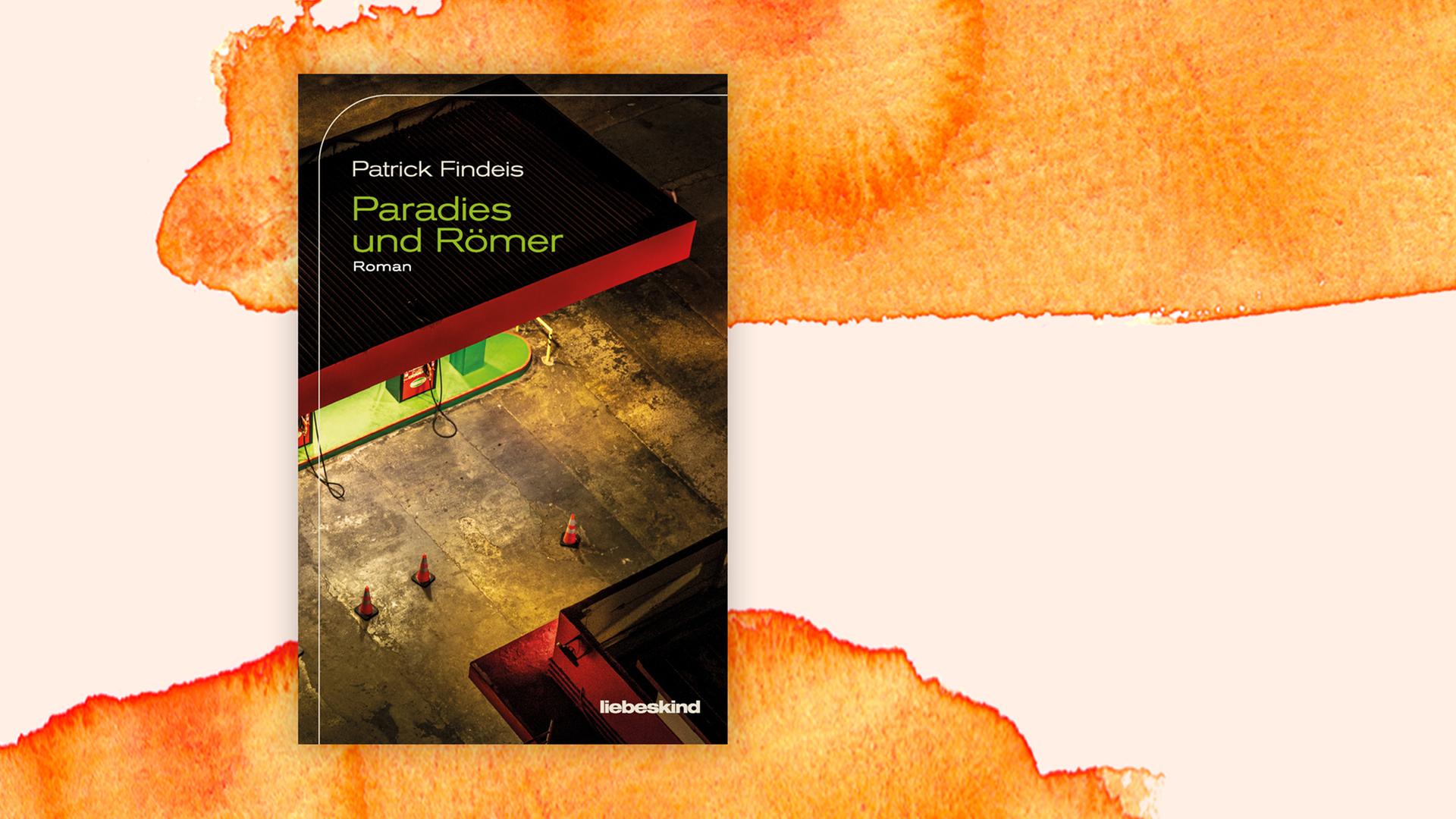 Das Cover des Romans von Patrick Findeis, "Paradies und Römer", auf orange-weißem Hintergrund. Auf dem Cover sind bei Nacht drei Pylonen auf einem hell erleuchteten Tankstellen-Gelände zu erkennen. Das Cover des Romans von Patrick Findeis, "Paradies und Römer", auf orange-weißem Hintergrund. Auf dem Cover sind bei Nacht drei Pylonen auf einem hell erleuchteten Tankstellen-Gelände zu erkennen.