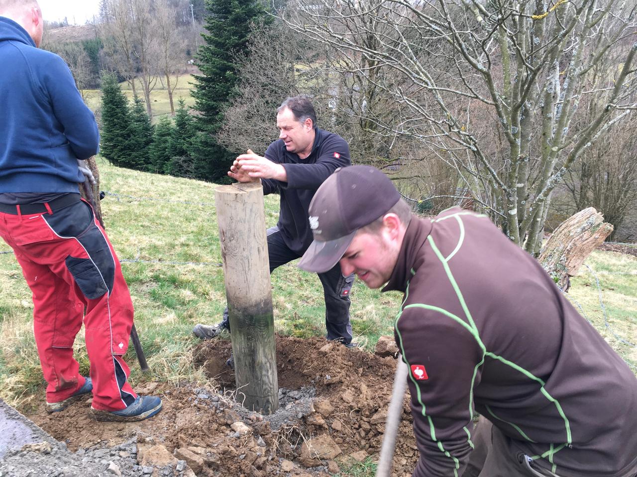 Drei Männer beim Pfähle setzen auf einem Stück Land. Drei Männer beim Pfähle setzen auf einem Stück Land.