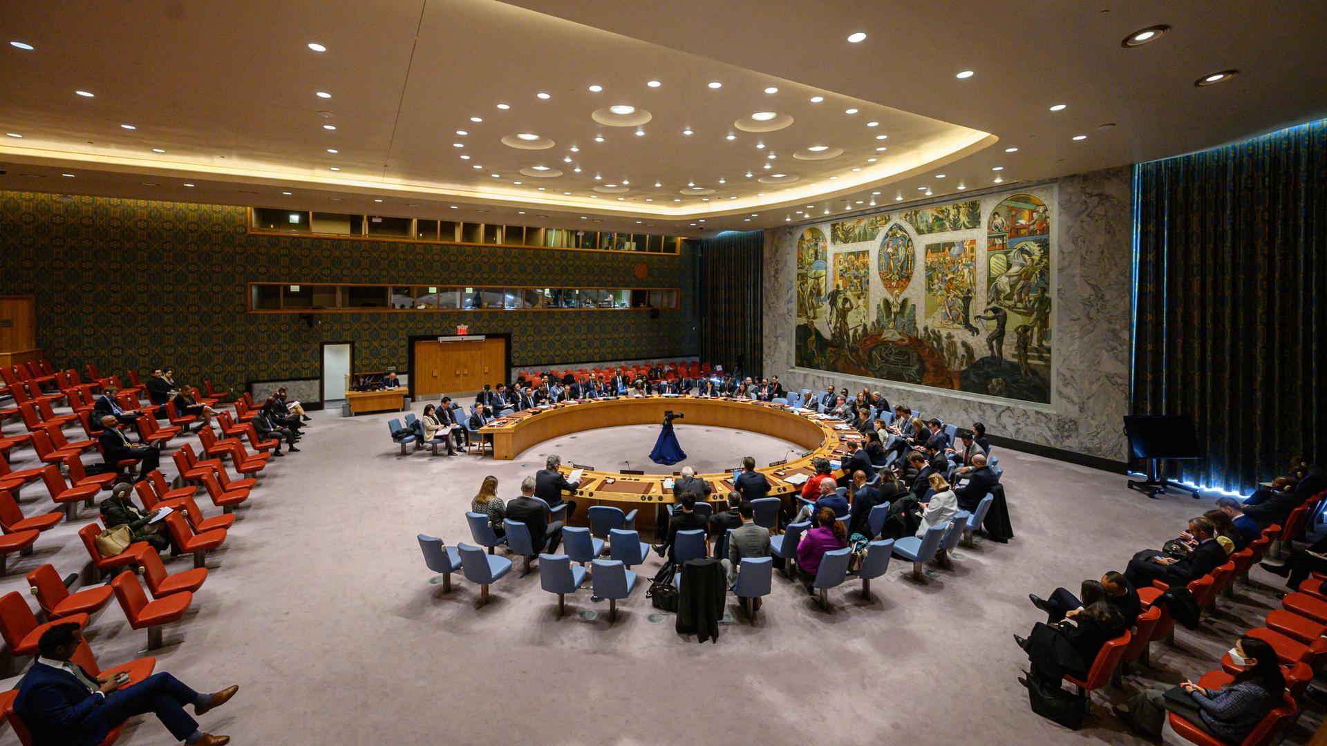 Ein Treffen des UNO-Sicherheitsrates: Blick in den Sitzungssaal.