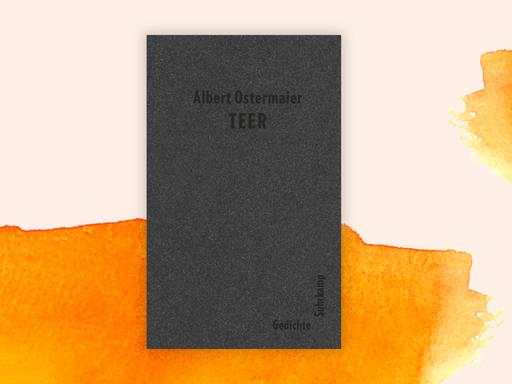Das Buchcover des Gedichtbands "Teer" vor einem orangefarbenen Aquarellhintergrund. Auf dem Buchcover stehen in schwarzer Schrift Autor und Titel auf einem dunkelgrauen Hintergrund, vermutlich ein Foto von Teer.
