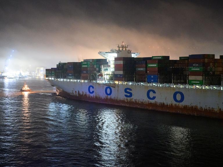 Das Containerschiff "Cosco Pride" fährt auf der Elbe vor dem Container-Terminal Tollerort im Morgennebel. 