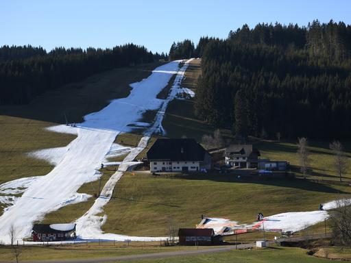 Kunstschnee liegt am Schneeberglift zwischen grünen Wiesen und Wäldern. 