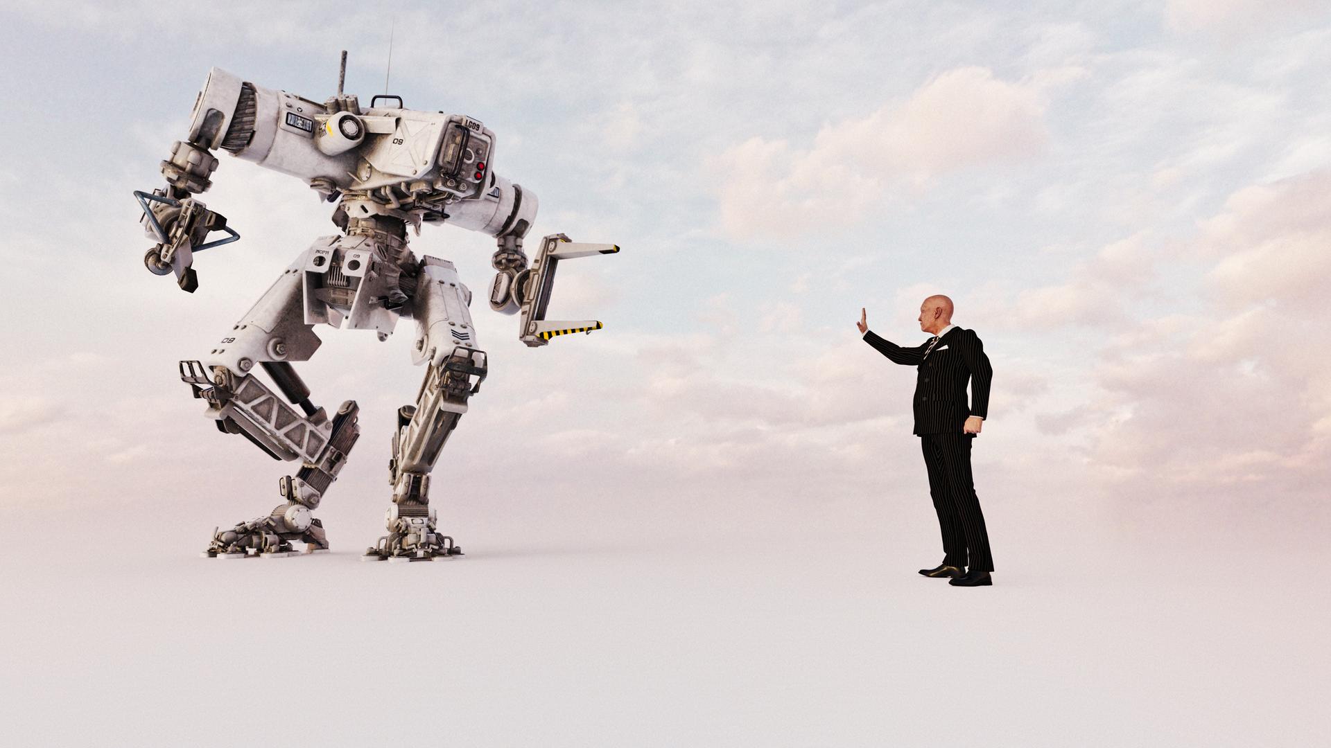 Ein Mann mit Anzug hält eine Hand hoch, um einen riesigen Roboter zu stoppen.