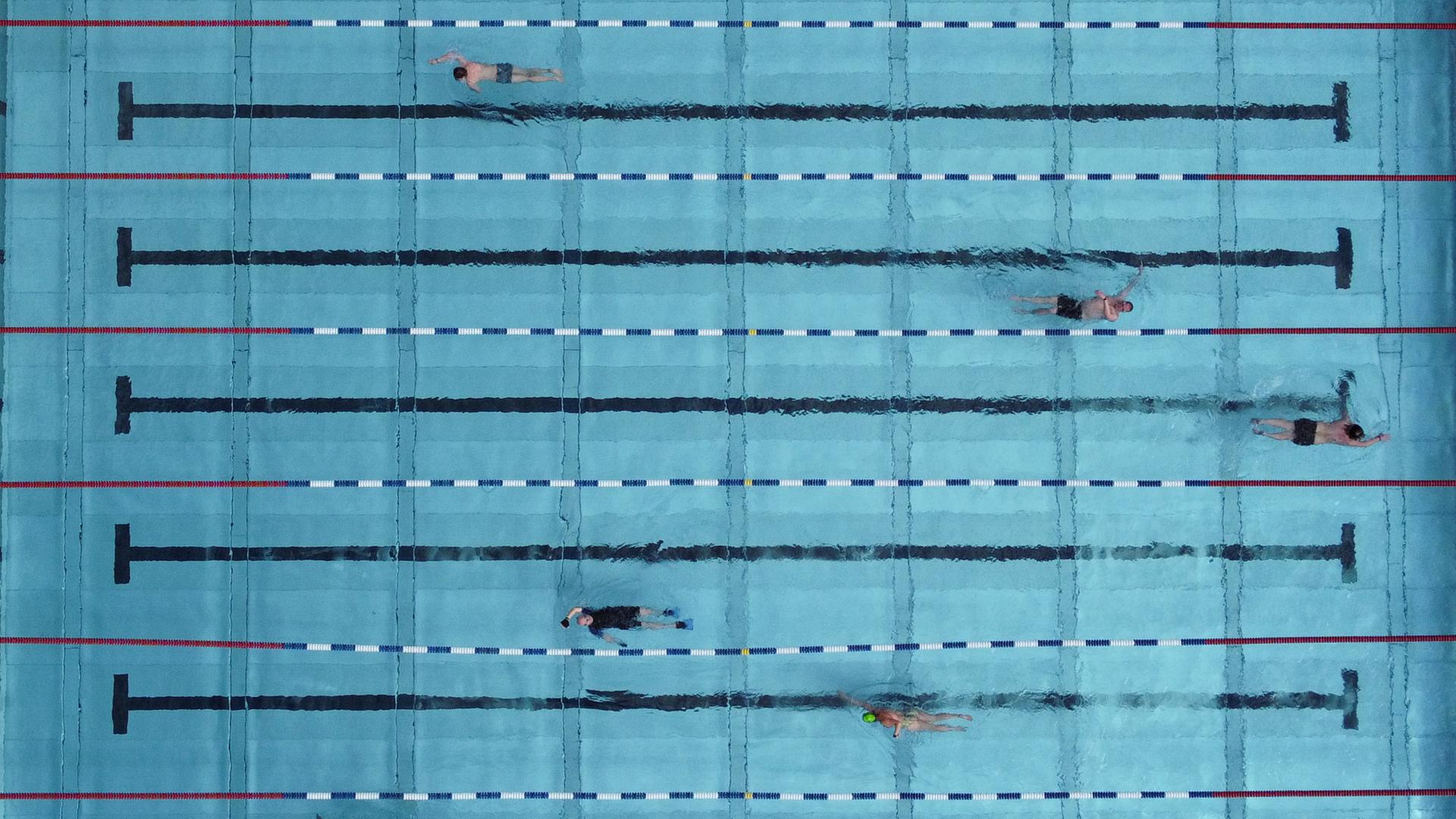 Schwimmer ziehen im Becken des Freibads Frankurt-Hausen ihre Bahnen (Luftaufnahme mit einer Drohne). Schwimmer ziehen im Becken des Freibads Frankurt-Hausen ihre Bahnen (Luftaufnahme mit einer Drohne).