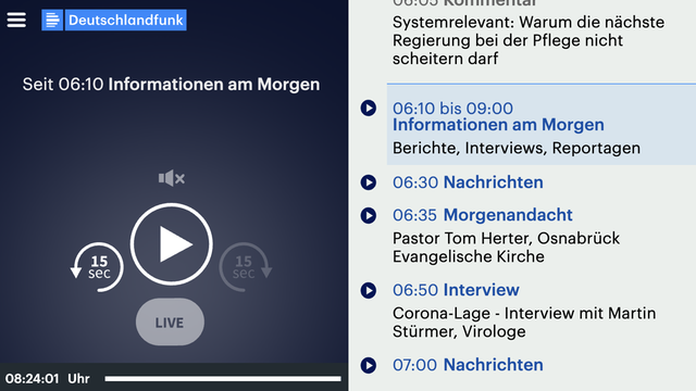 Das Bild zeigt einen Screenshot des Timeshift-Players mit dem geöffneten Programm des Deutschlandfunks