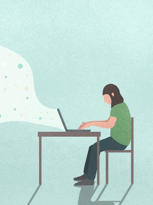Illustration einer Person, die mit Laptop am Schreibtisch sitzt. Aus der Rückseite des Bildschirmes steigt eine abstrakte Wolke auf, die als Kommunikastionswolke verstanden werden kann.