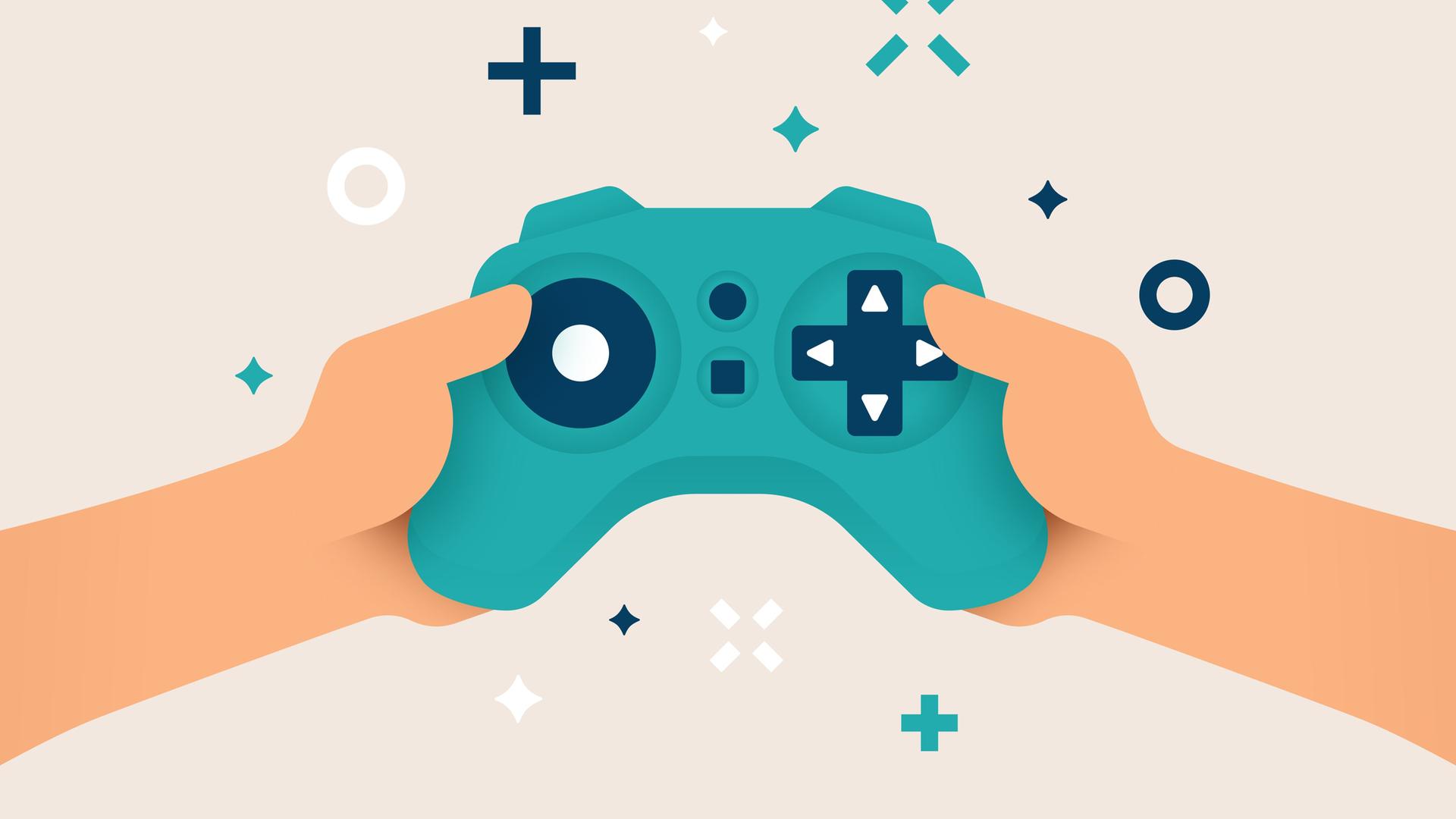 Illustration einer Hand, die eine Spielkonsole hält Illustration einer Hand, die eine Spielkonsole hält