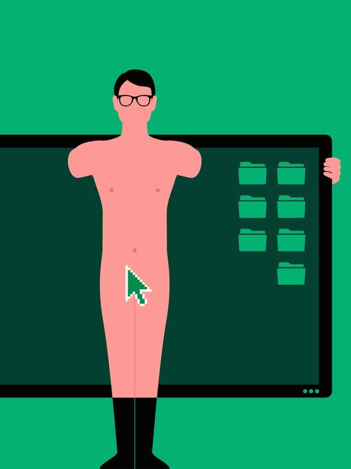 Illustration: Ein nackter Mann mit Datenordnern um sich herum auf einem Computerbildschirm.