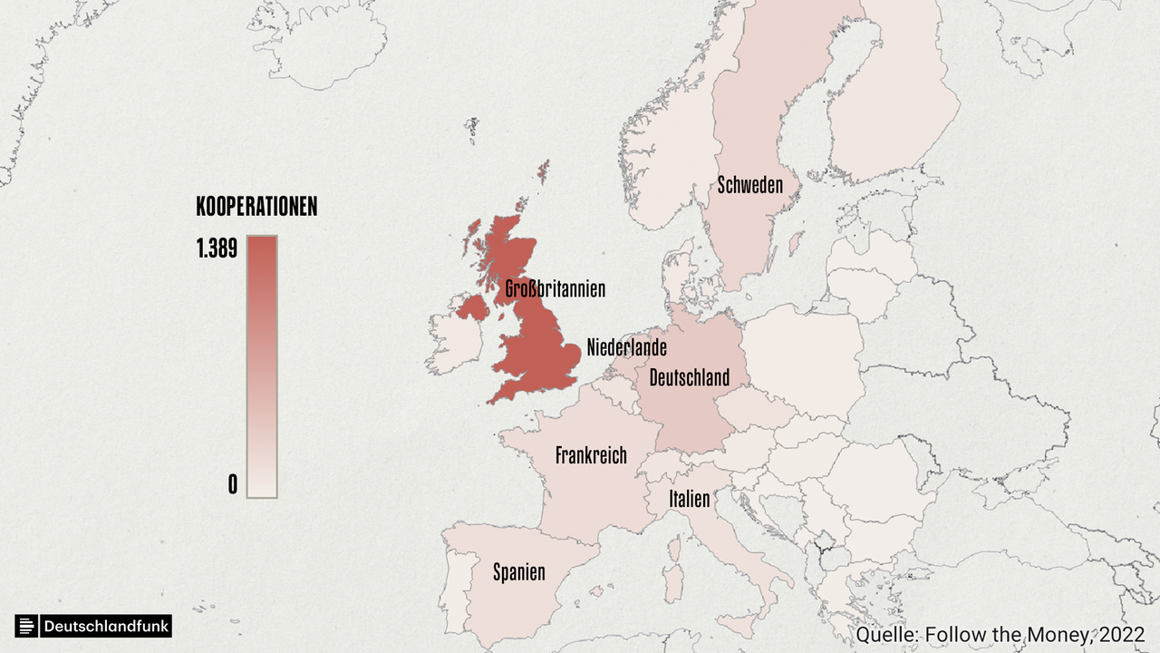 Een kaart met de Europese landen waarvan de universiteiten samenwerken met China