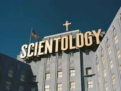Los Angeles: Gebäude von Scientology mit dem Logo und grossem Schriftzug auf dem Dach.