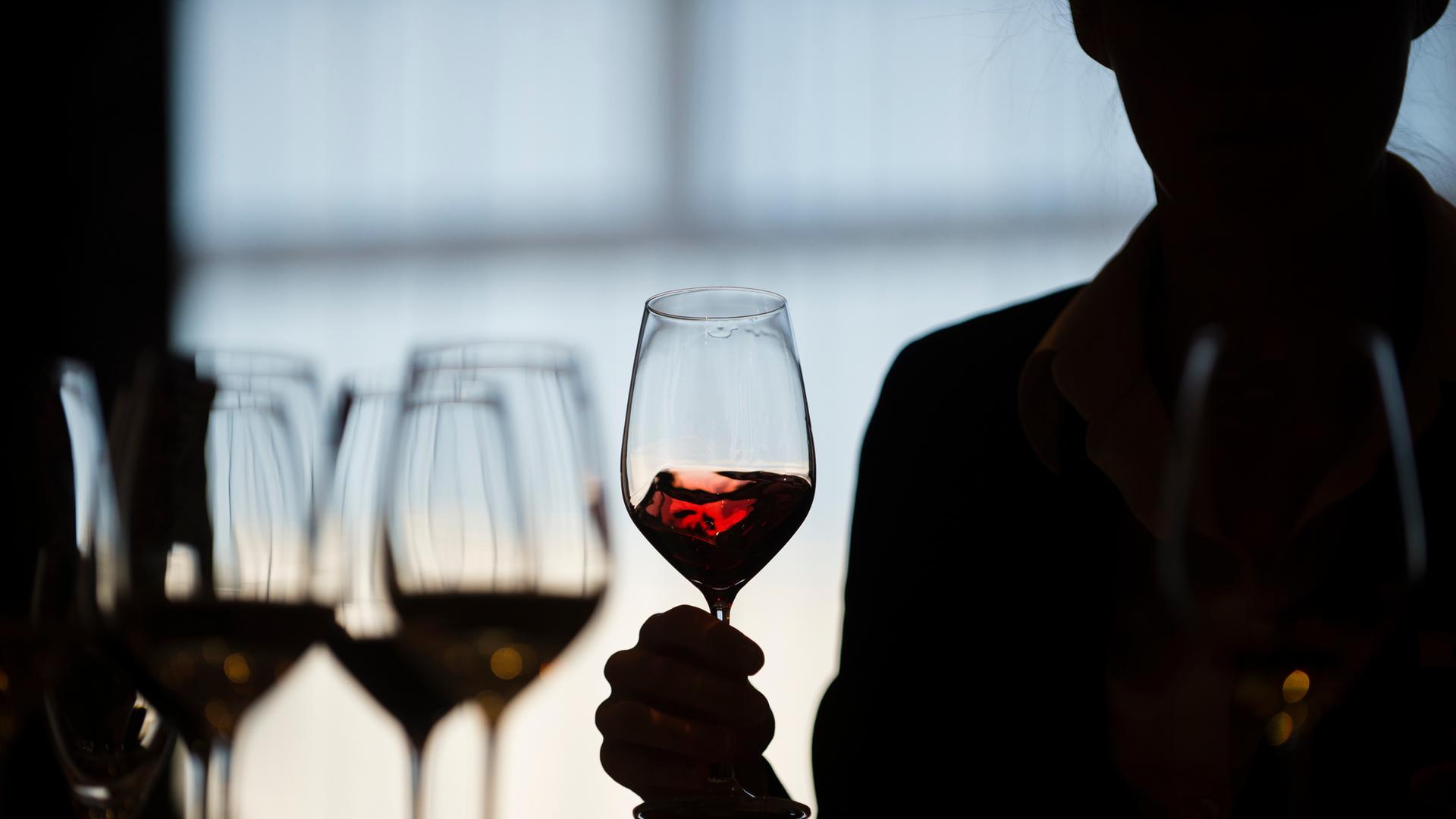 Eine Teilnehmerin schwenkt während einer Weinverkostung einen Rotwein im Glas. Foto: Gregor Fischer/dpa ++ Eine Teilnehmerin schwenkt während einer Weinverkostung einen Rotwein im Glas. Foto: Gregor Fischer/dpa ++