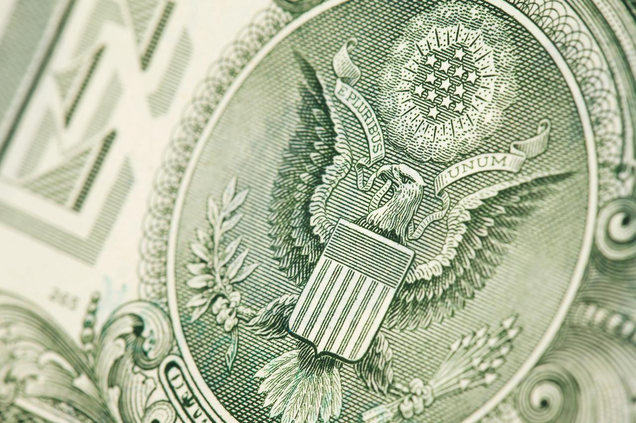 Extreme Nahaufnahme einer US-amerikanischen Dollarnote mit einem stilisierten Weißkopfseeadler, der den Spruchbanner mit der Aufschrift "E Pluribus Unum" im Schnabel trägt.